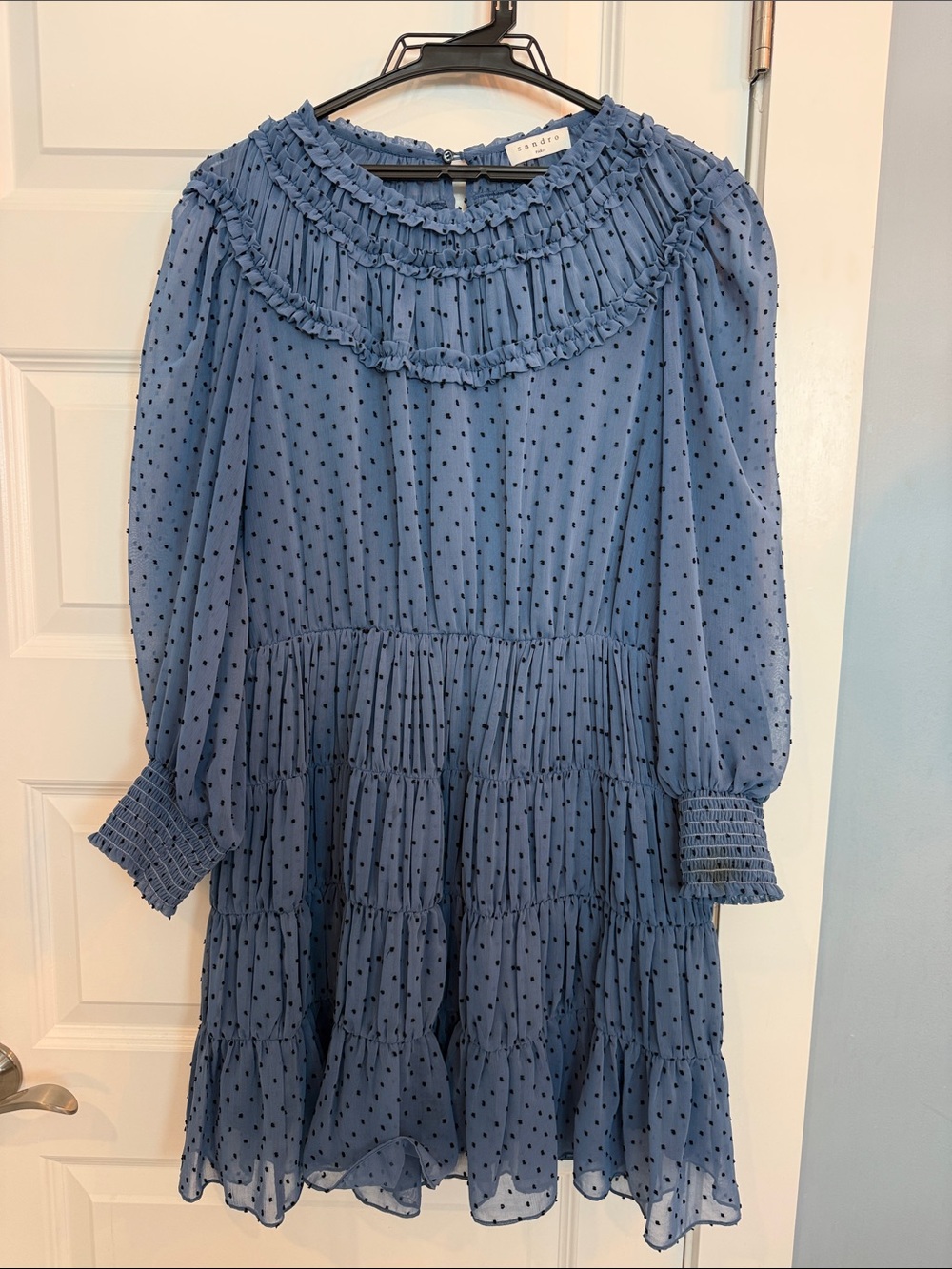 Sandro Blue Polka Dot Ruffle Tiered Dress